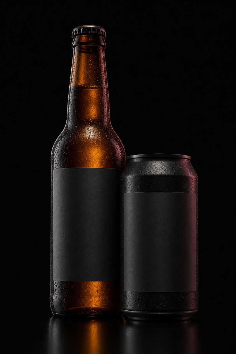 Modern beer bottle and cider can