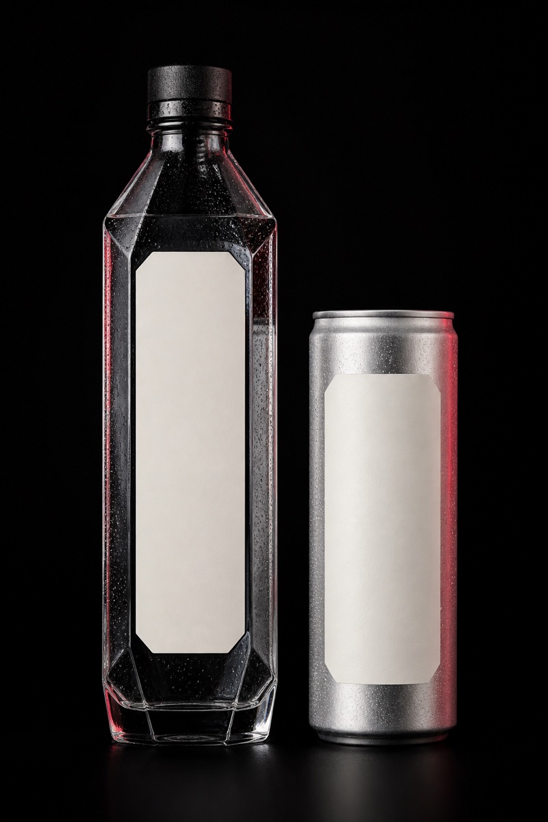 Modern non-alcoholic beverage bottle and can